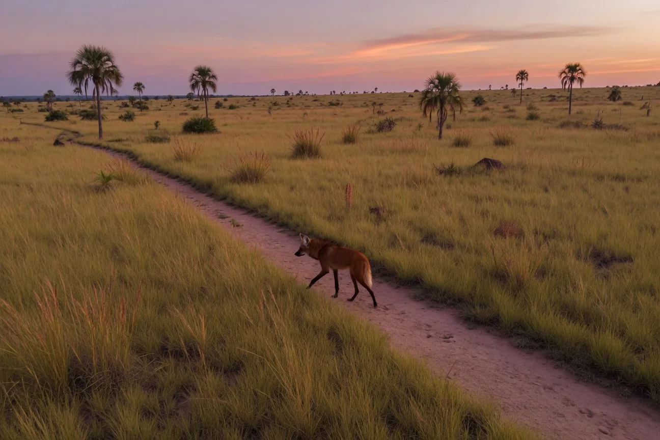South American cerrado savanna at dusk, the maned wolf's grassland home