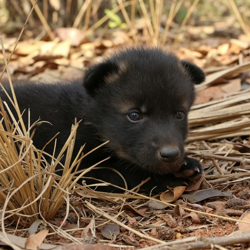 Newborn maned wolf pup, black-furred and tiny in a nest of dried grass