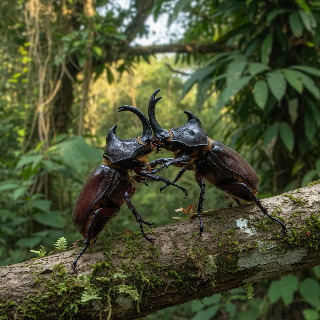 Two male rhinoceros beetles fighting with their horns locked together on a branch