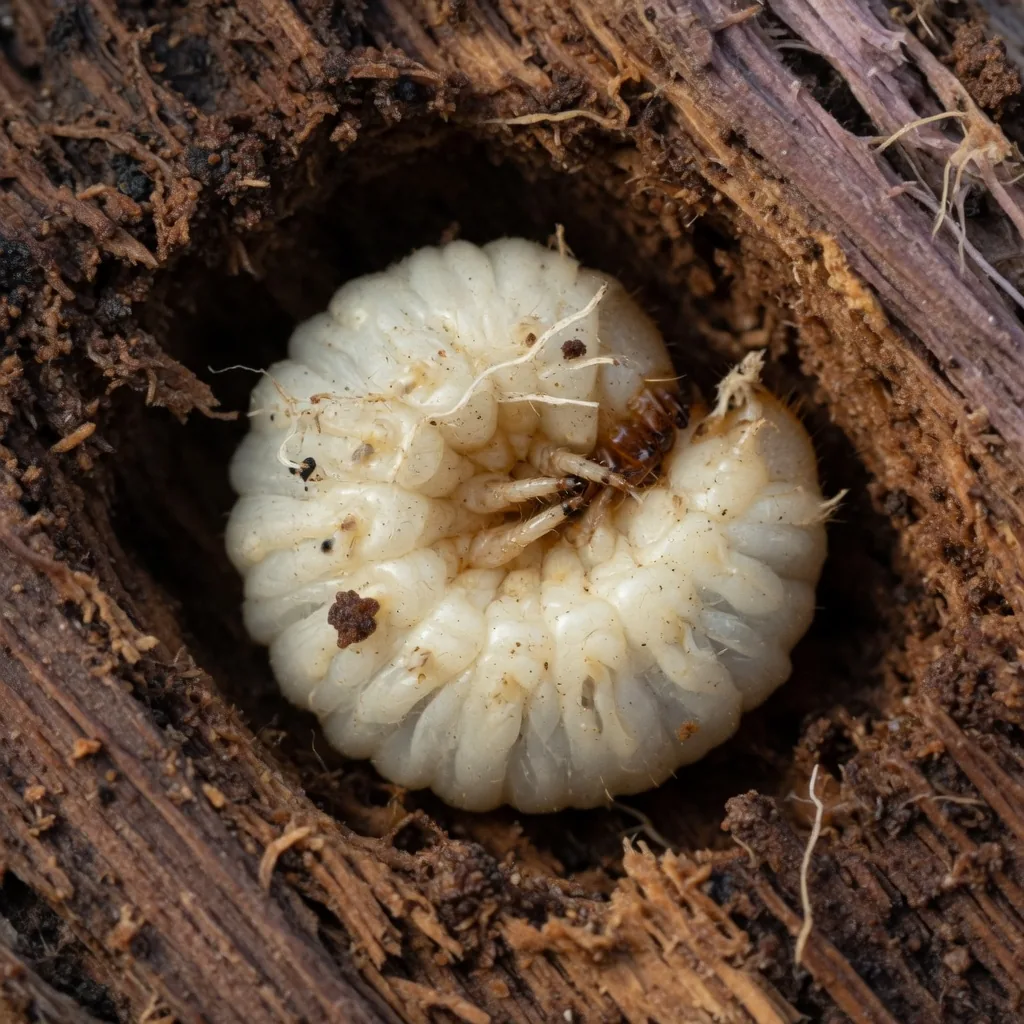 A plump cream-colored rhinoceros beetle larva curled inside rotten wood