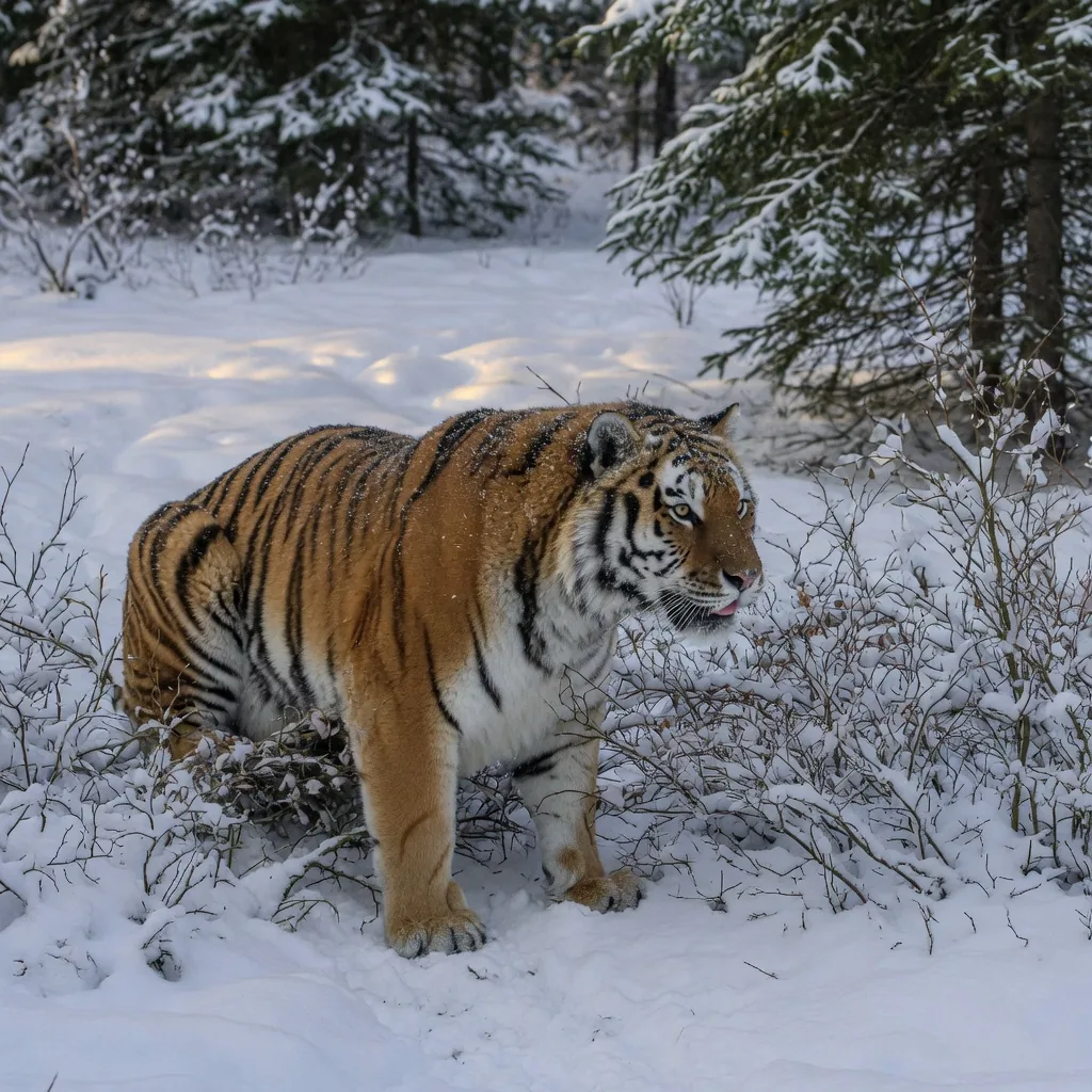 A Siberian tiger crouching low in ambush position in the snow