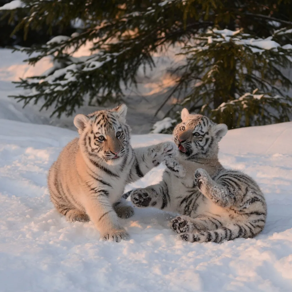Two young Siberian tiger cubs playing in the snow
