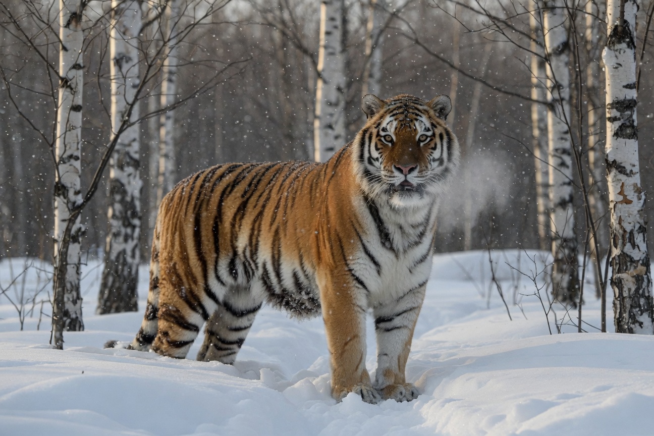 A Siberian tiger stands alert in a snowy birch forest as snowflakes fall around its orange fur.