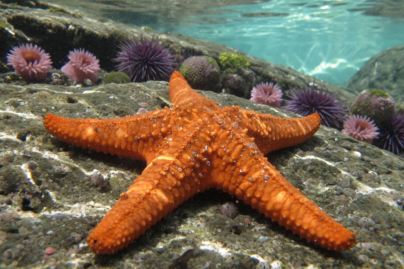 An orange starfish rests on a rock surrounded by purple sea urchins and pink anemones underwater.