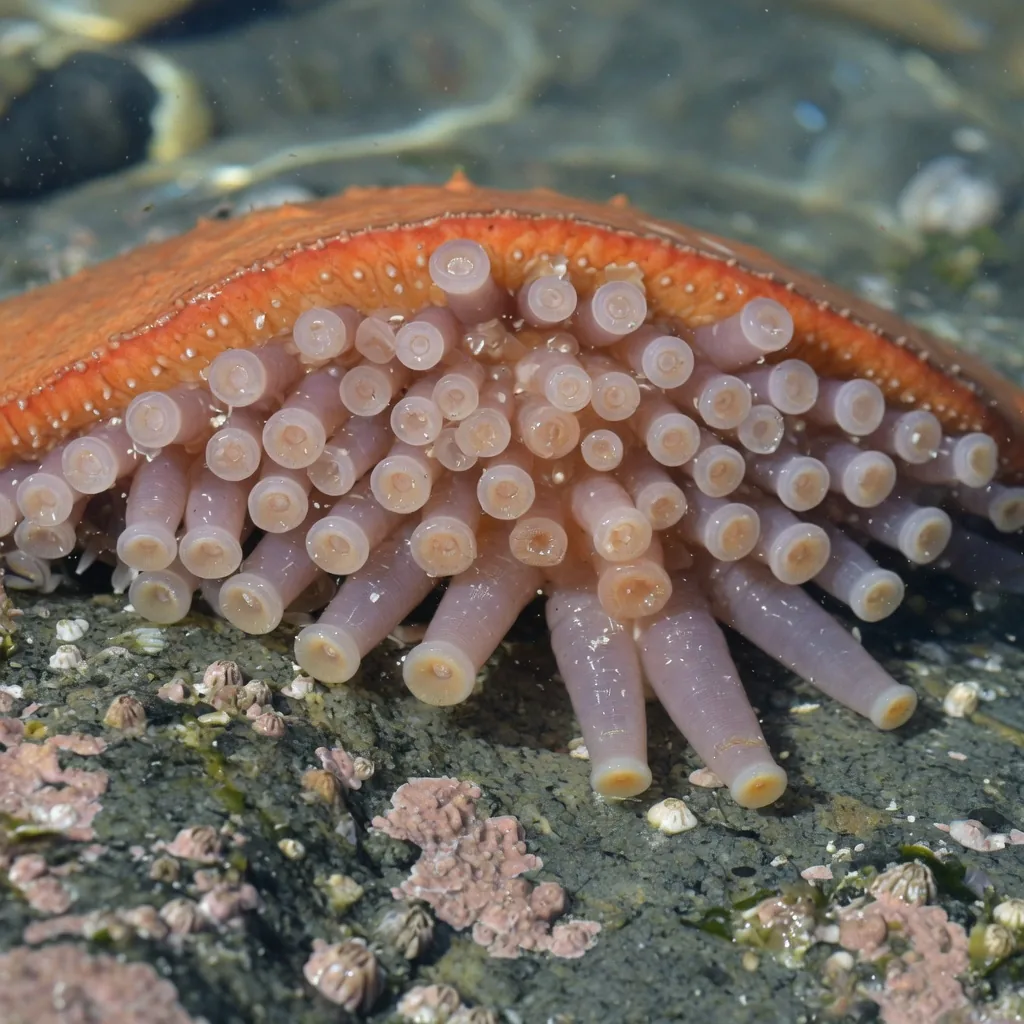 Close-up of starfish tube feet on the underside of a sea star