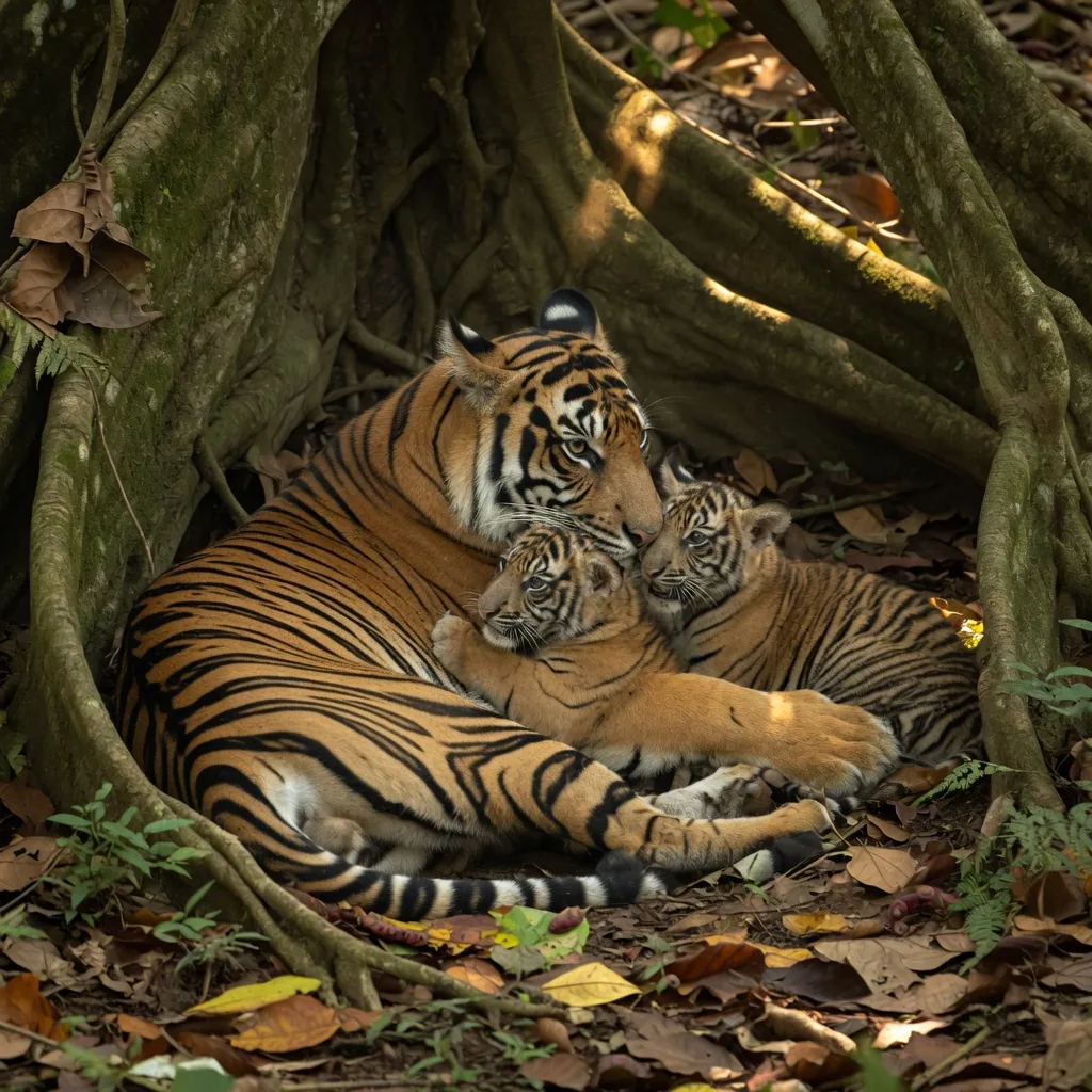 Sumatran tiger cubs with their mother in jungle undergrowth