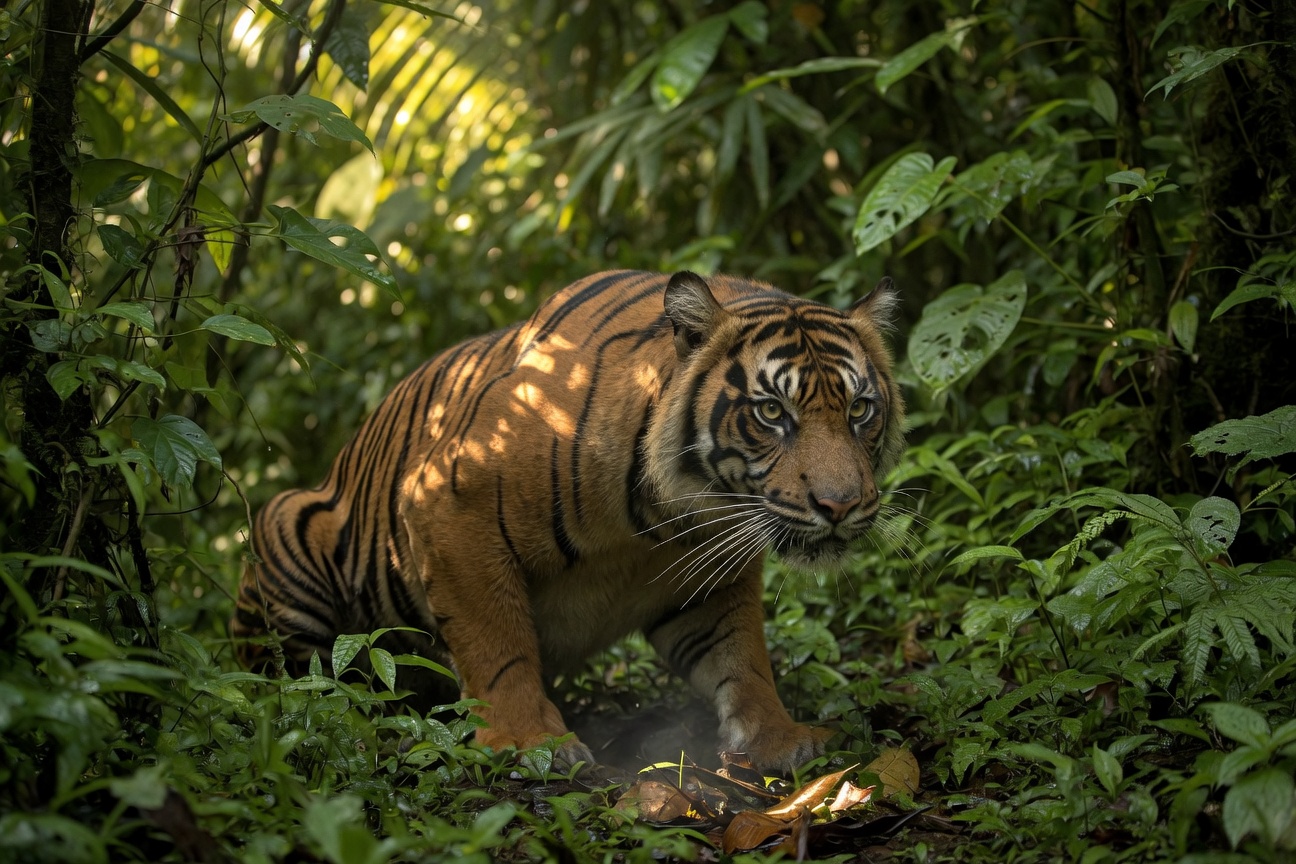 A Sumatran tiger crouches in a lush, sun-dappled jungle filled with dense green foliage.