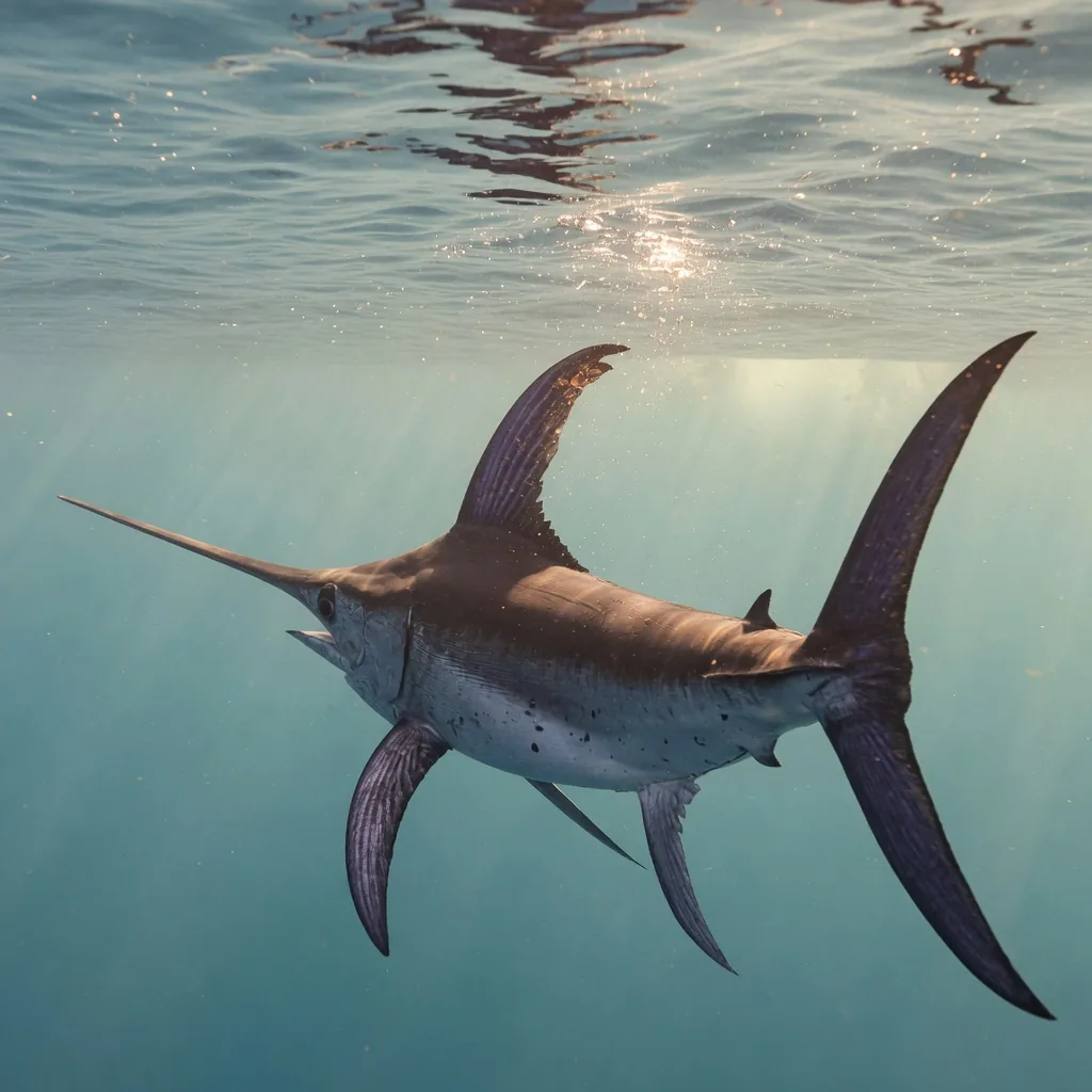 A swordfish basking at the ocean surface with its large dorsal fin visible above the water
