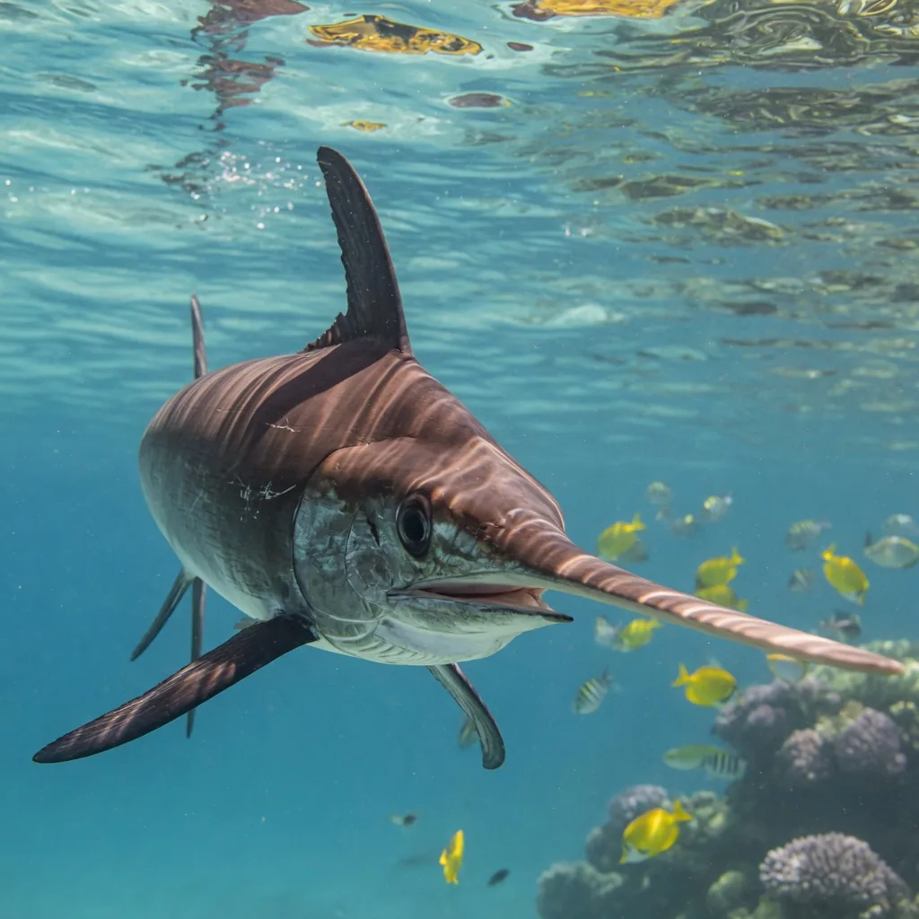 Underwater view of a swordfish showing its long flat bill, blue-gray upper body and cream underbelly