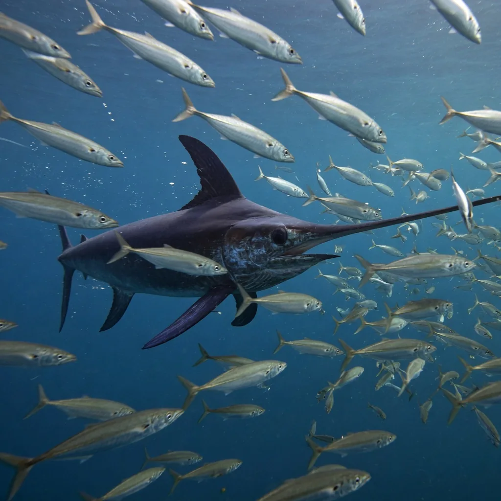 Swordfish slashing its long bill sideways through a school of silver mackerel underwater