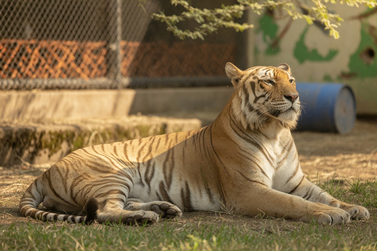 A tigon rests on the grass in an outdoor enclosure with a chain-link fence visible in the background.