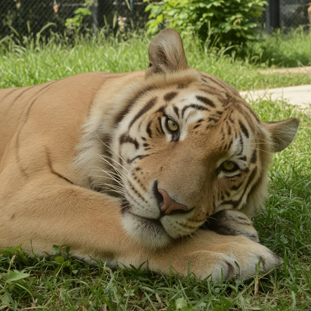 A tigon lying on grass, showing its pale yellowish-brown coat and faint tiger stripes