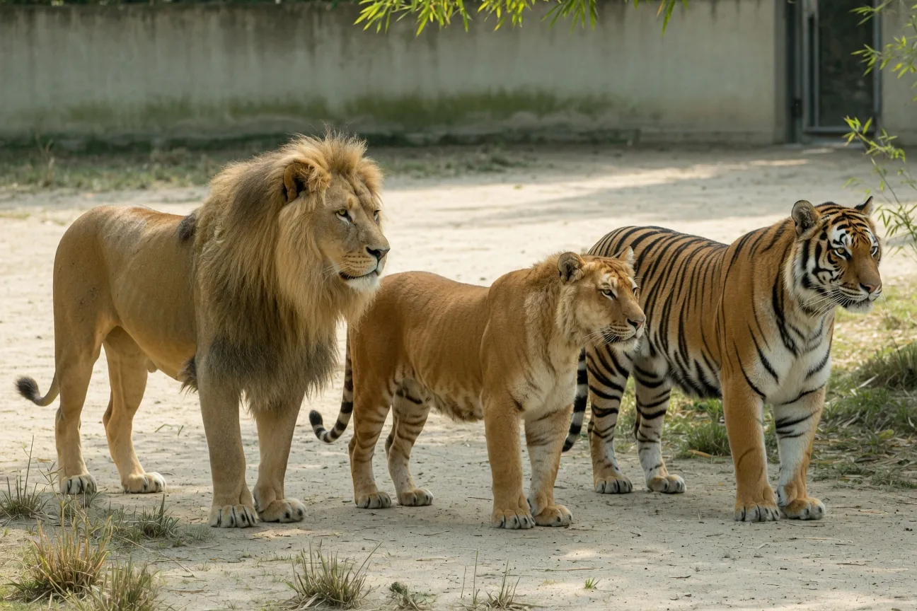 Tigon shown alongside a lion and tiger illustrating its comparatively smaller size