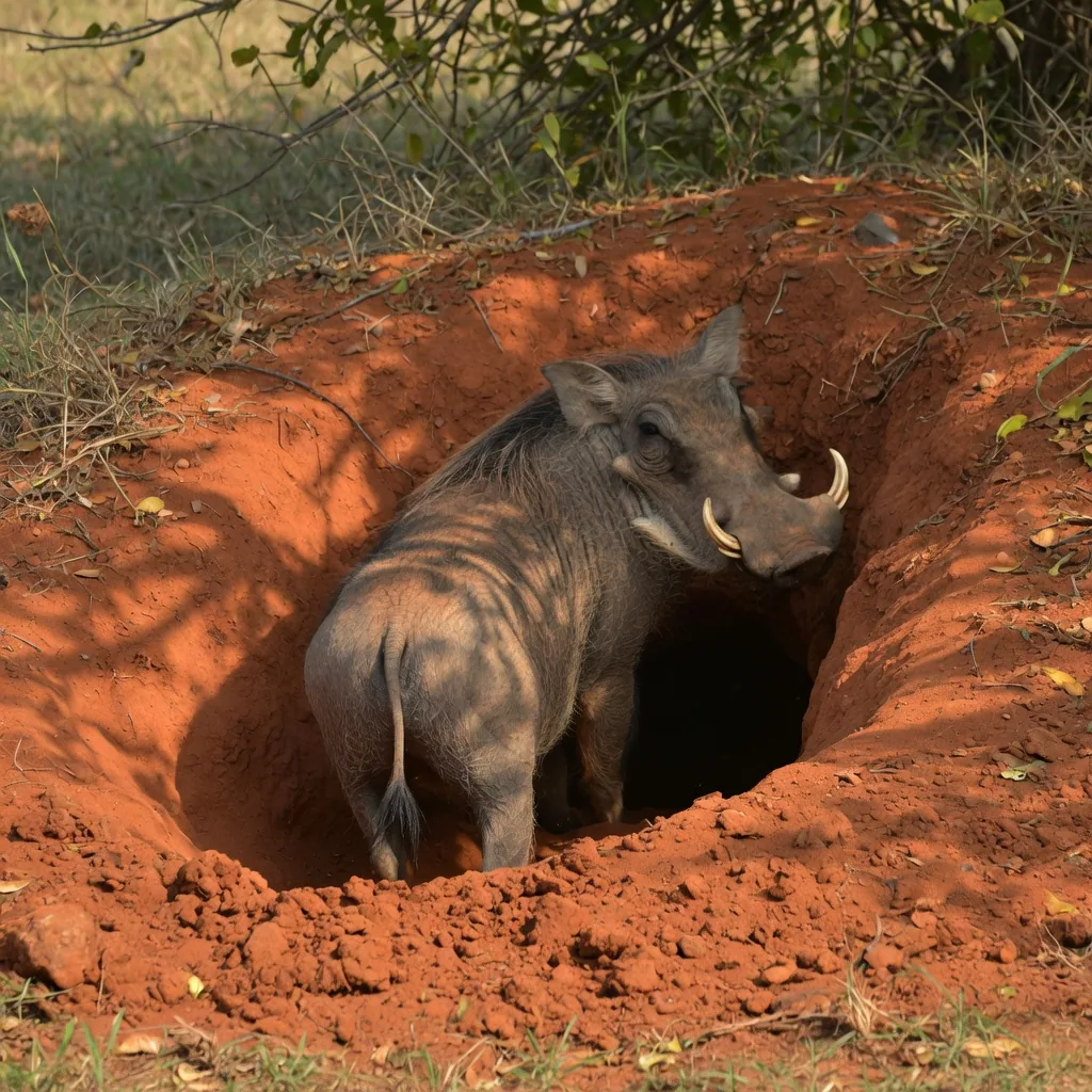 A warthog reversing backwards into a burrow with tusks facing outward as a defensive shield