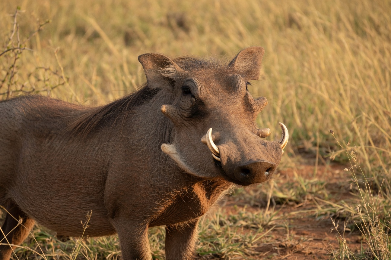 A warthog stands in tall dry grass, facing the camera with its curved tusks clearly visible.