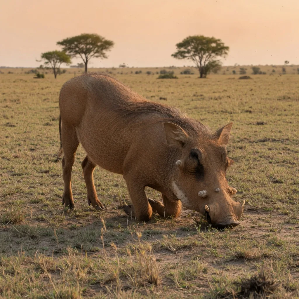 A warthog kneeling on its padded wrists to graze close to the ground in dry savanna grass