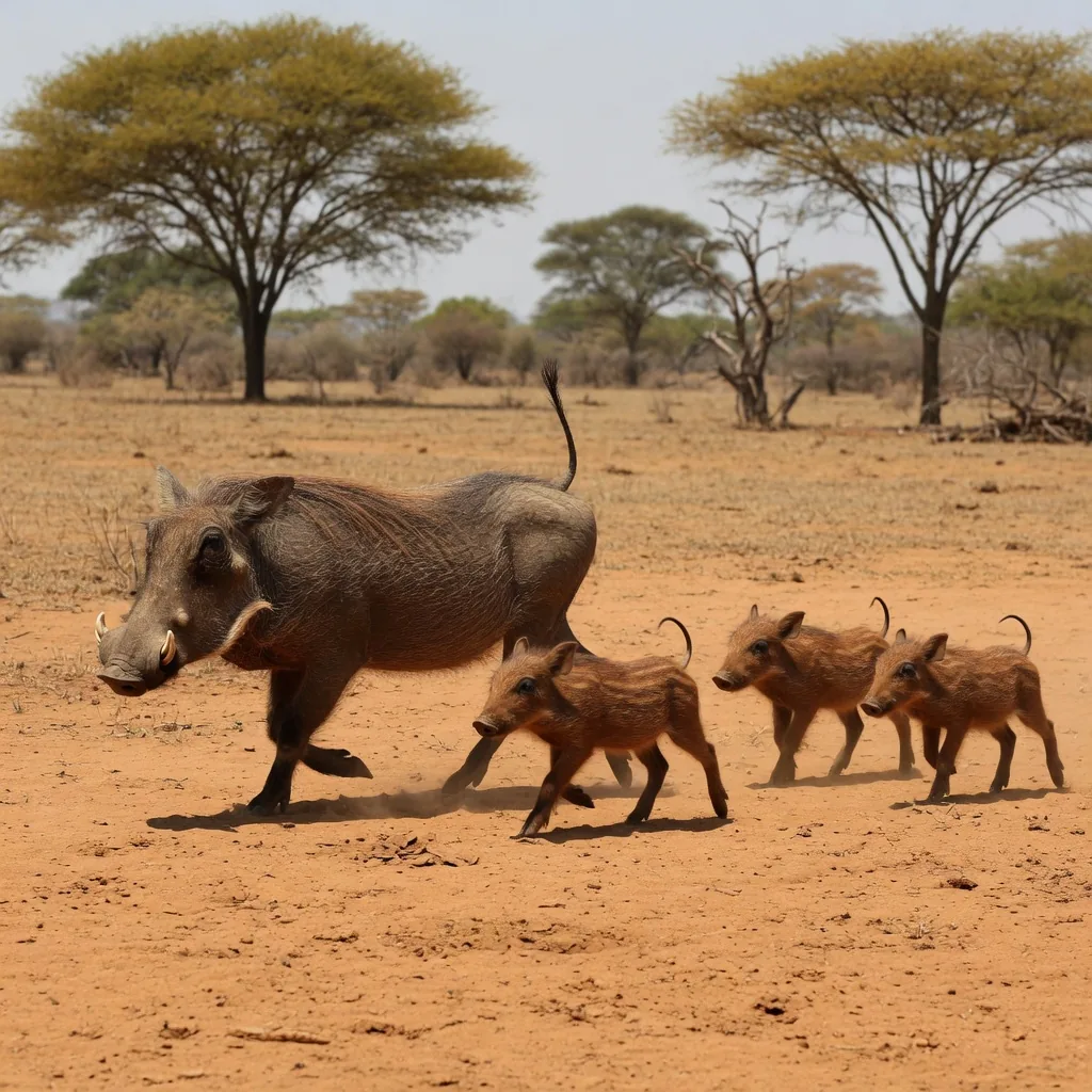 A warthog family crossing the African savanna, piglets running with tails held straight up