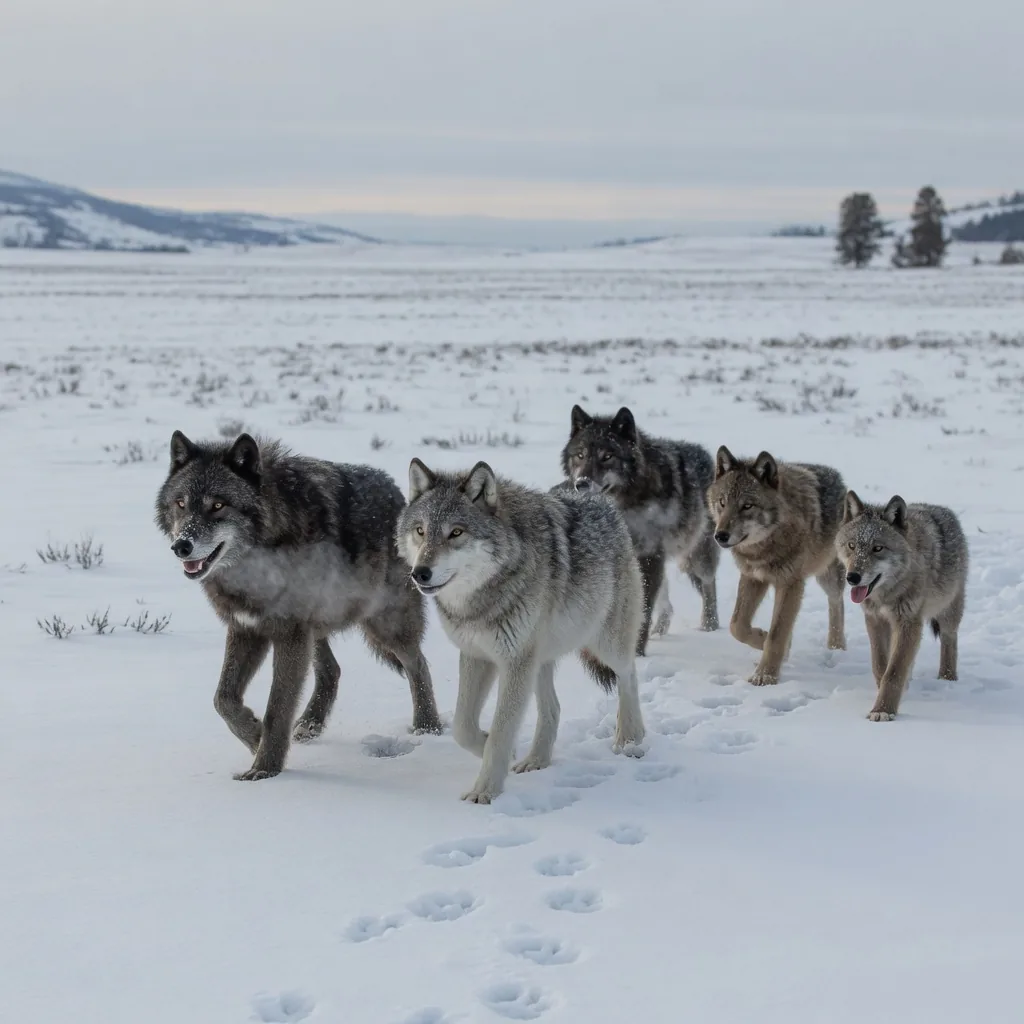 A wolf pack hunting together across a snow-covered plain in winter