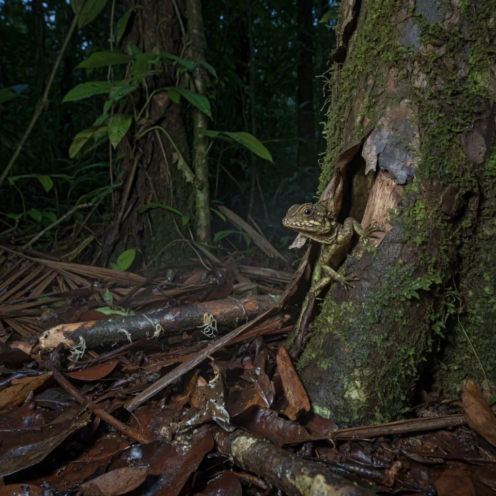 Dense humid Central American rainforest floor at night, the typical habitat of the yellow-spotted tropical night lizard