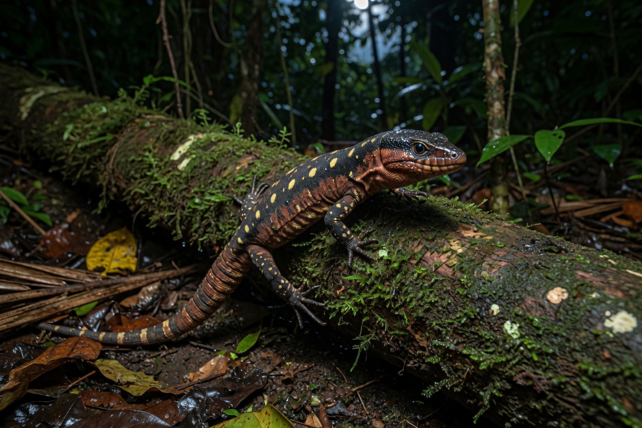 A yellow-spotted tropical night lizard rests on a mossy log in a dark forest.