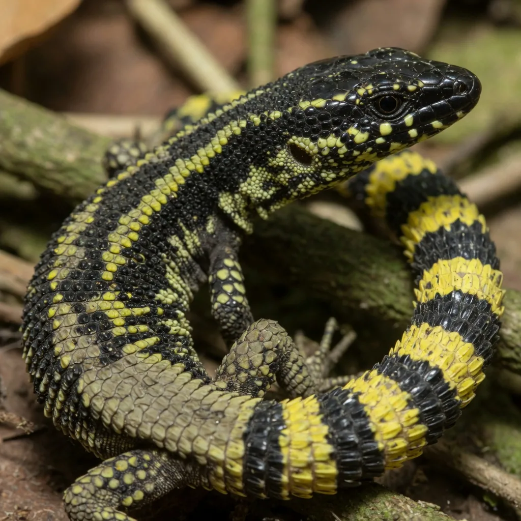 Close-up of yellow-spotted tropical night lizard scales showing bead-like dorsal scales and yellow-black banded tail
