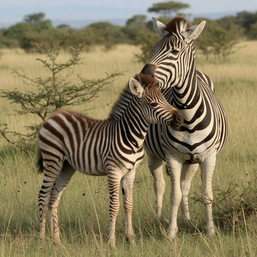 A zebra foal standing close to its mother in the African grassland, their brownish-black and white stripes visible