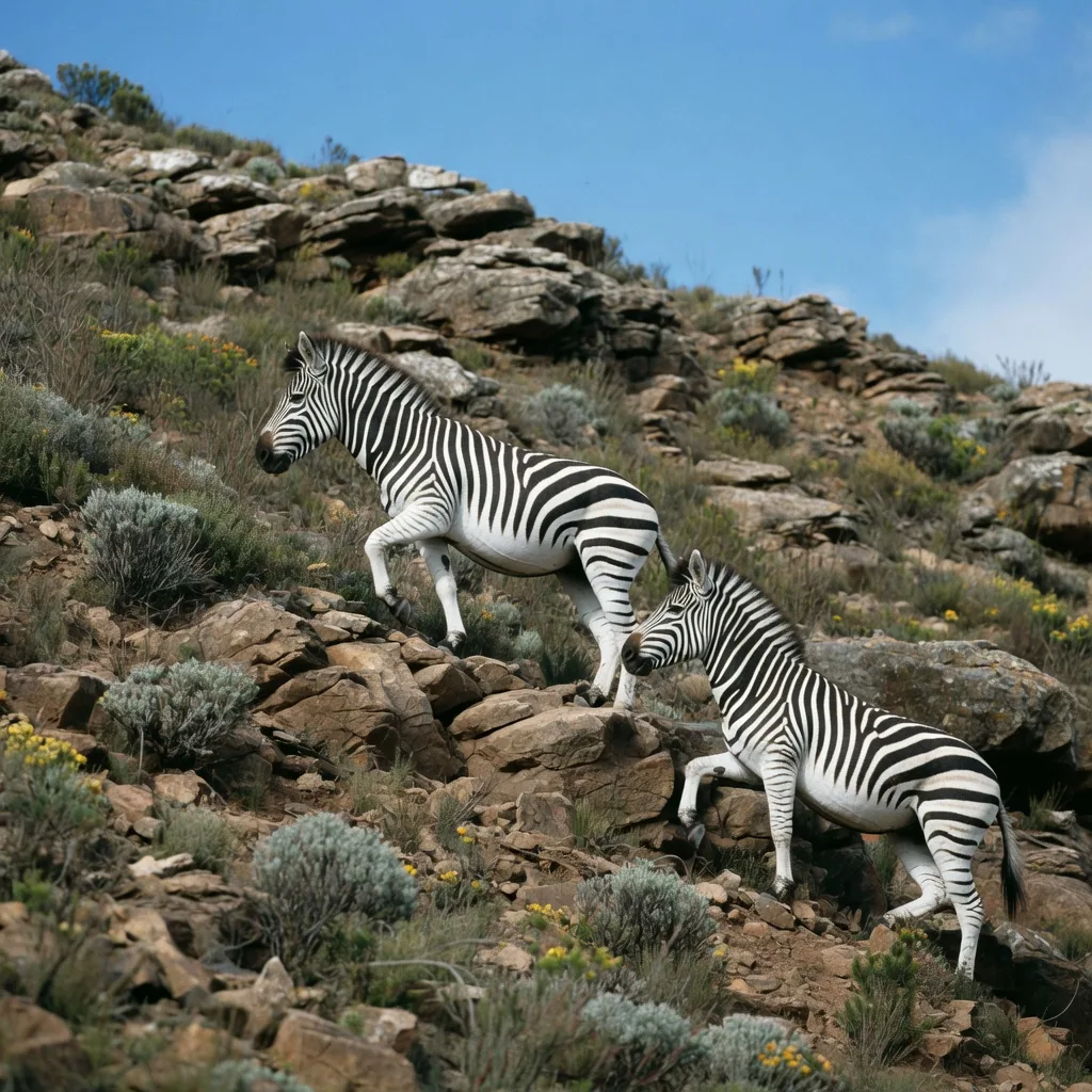 Two Cape mountain zebras climbing a rocky hillside in South Africa, showing narrow stripes and white bellies