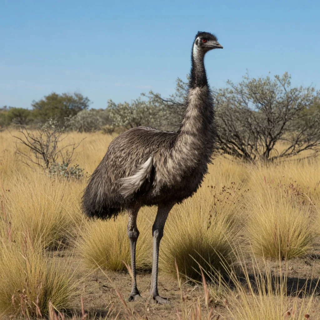 An adult emu standing tall in dry Australian grassland