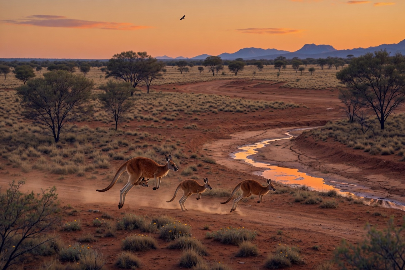 Three kangaroos hop across the red earth near a winding creek bed in the Australian outback at sunset.