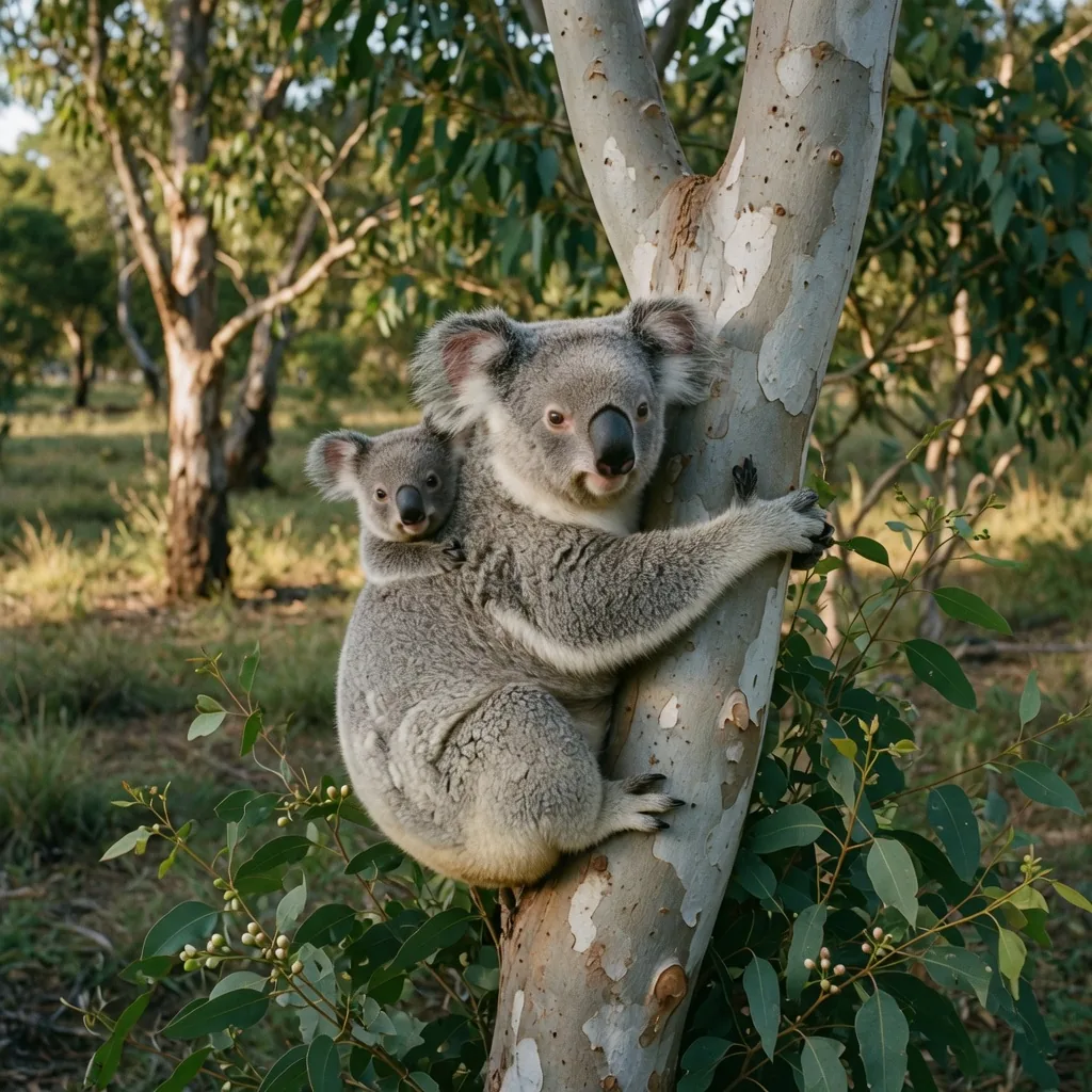 A mother koala with a joey on her back, clinging to a eucalyptus tree