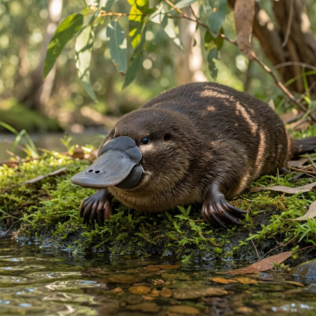 A duck-billed platypus resting at the edge of a clear Australian stream