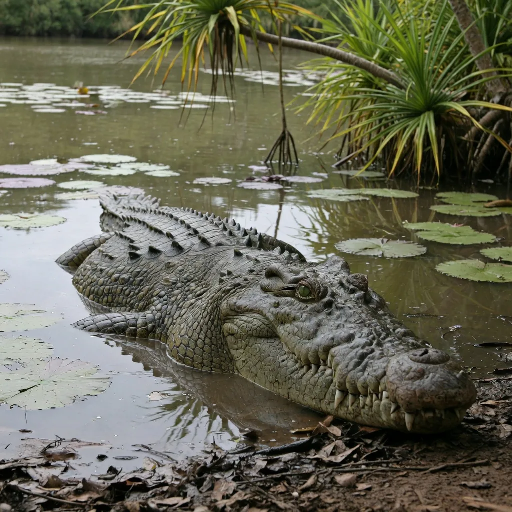 A saltwater crocodile resting at the edge of a tropical Northern Territory billabong