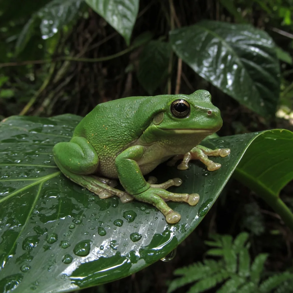 A vibrant Australian Green Tree Frog perched on a wet rainforest leaf