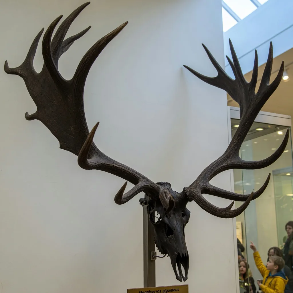 Reconstructed Irish Elk skull and massive palmate antlers on display in a natural history museum