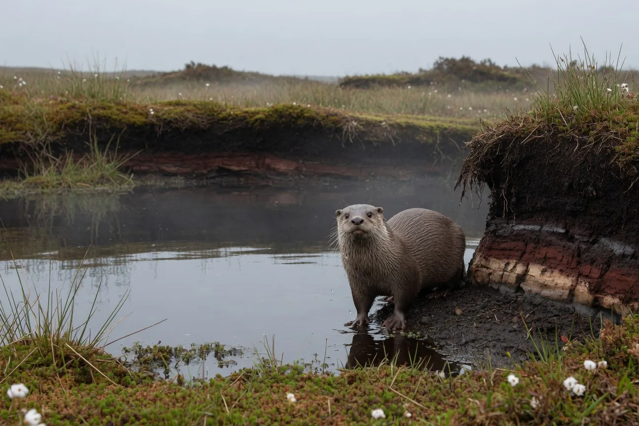 Ancient Irish peat bog with dark still water and layers of exposed sediment, misty and atmospheric