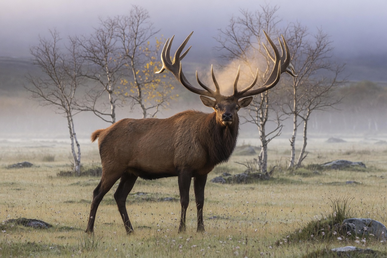 A large red deer stag with massive antlers stands in a misty field with bare trees.