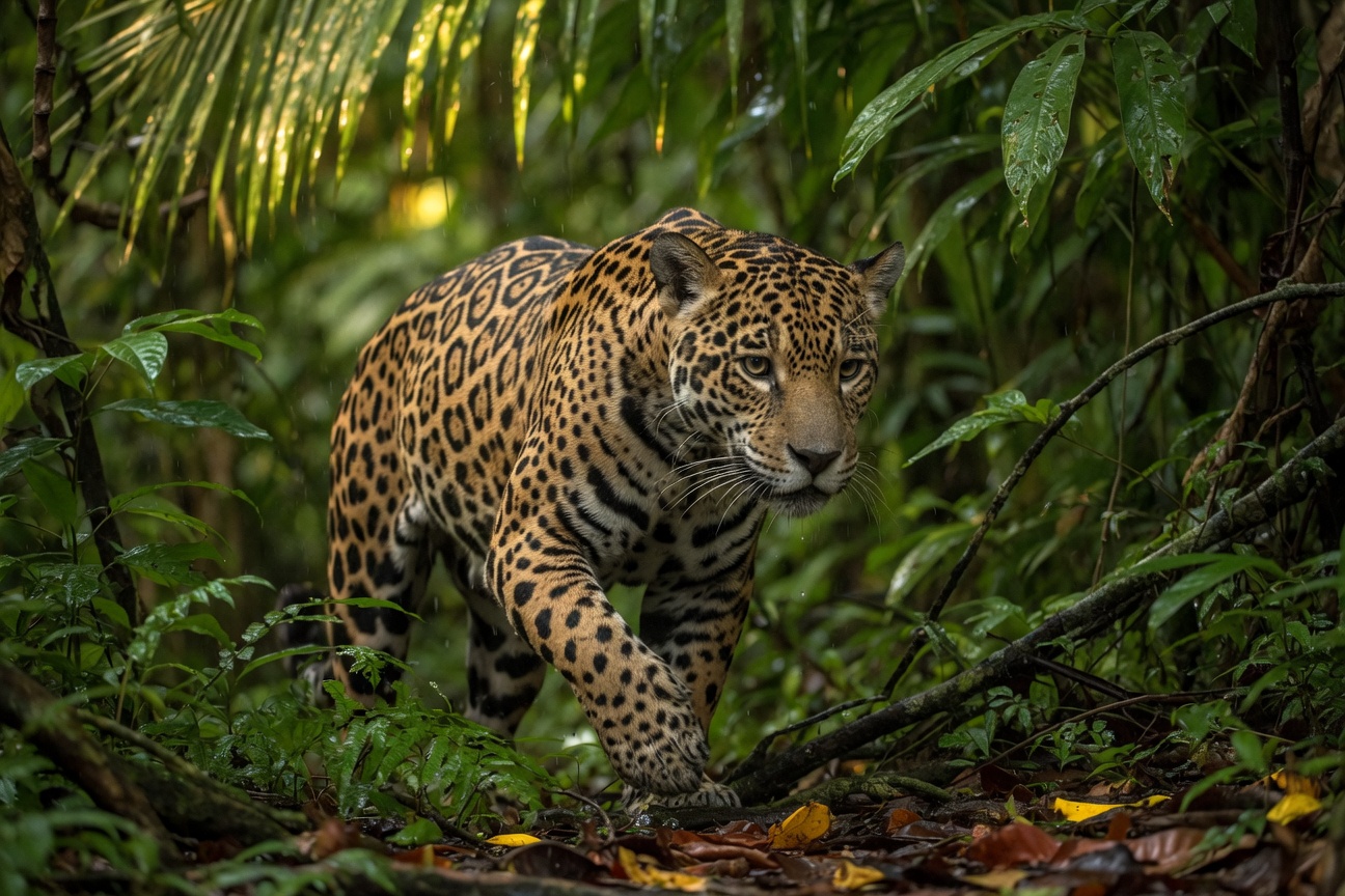 A jaguar walks through a dense, green jungle with sunlight filtering through the leaves.