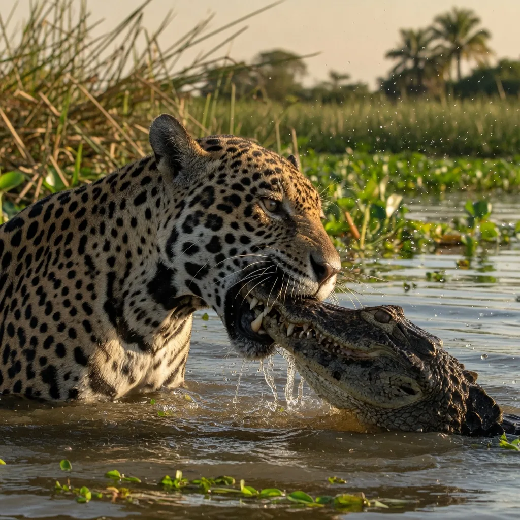 A jaguar demonstrating its powerful skull-bite grip on prey near a river