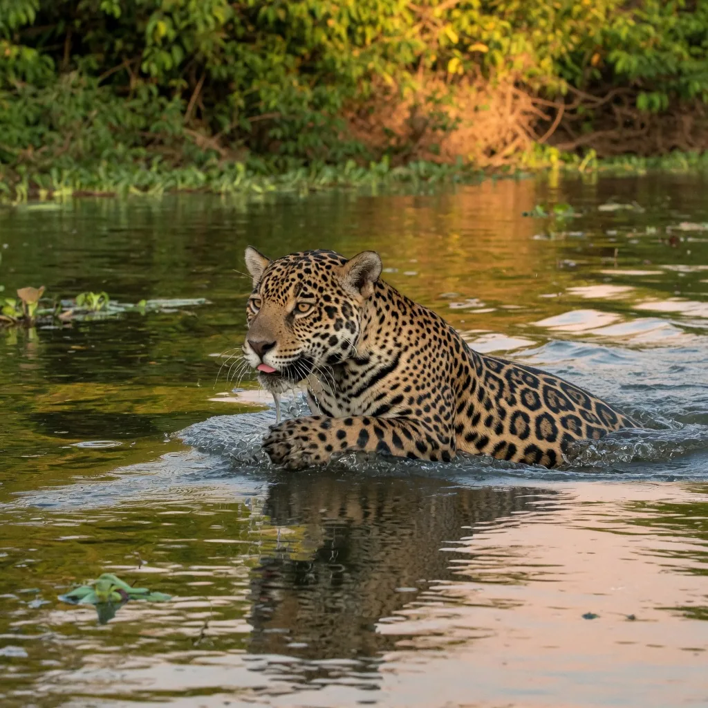 A jaguar swimming powerfully across a wide river in the Pantanal wetlands