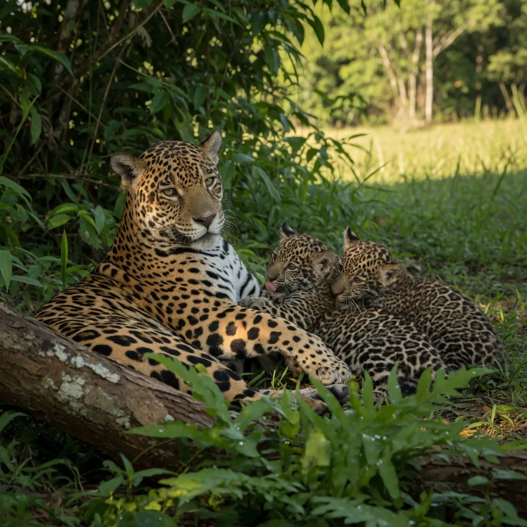 A female jaguar resting in dappled shade with two spotted cubs nuzzling against her side