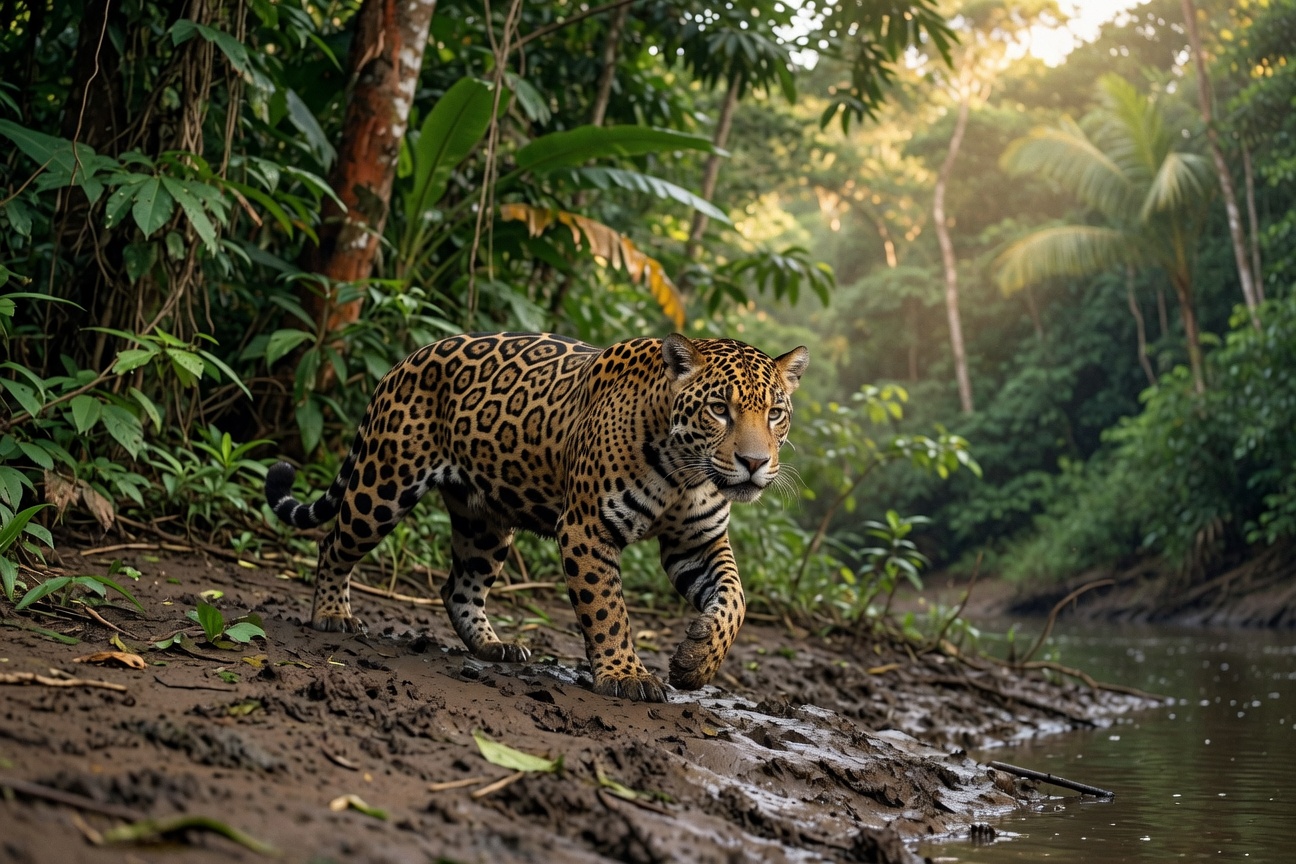 A jaguar walks along a muddy riverbank in a lush green jungle with sunlight filtering through the trees.