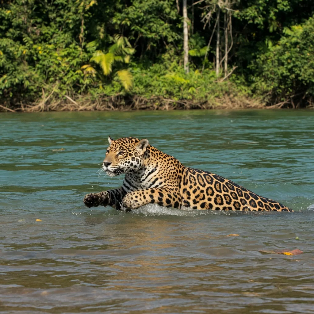 A jaguar swimming powerfully across a wide Amazonian river, its spotted coat glistening wet