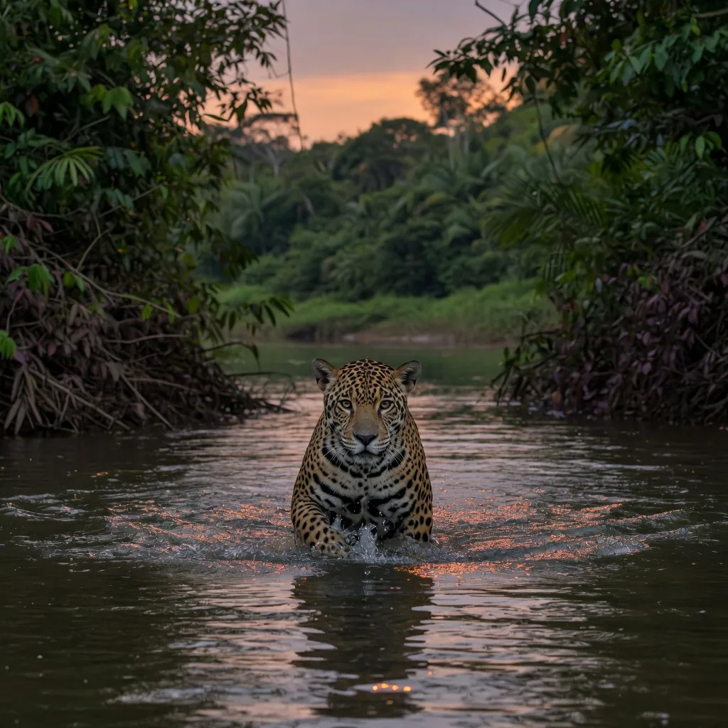 Jaguar wading through an Amazon river at dusk, muscular spotted body half-submerged