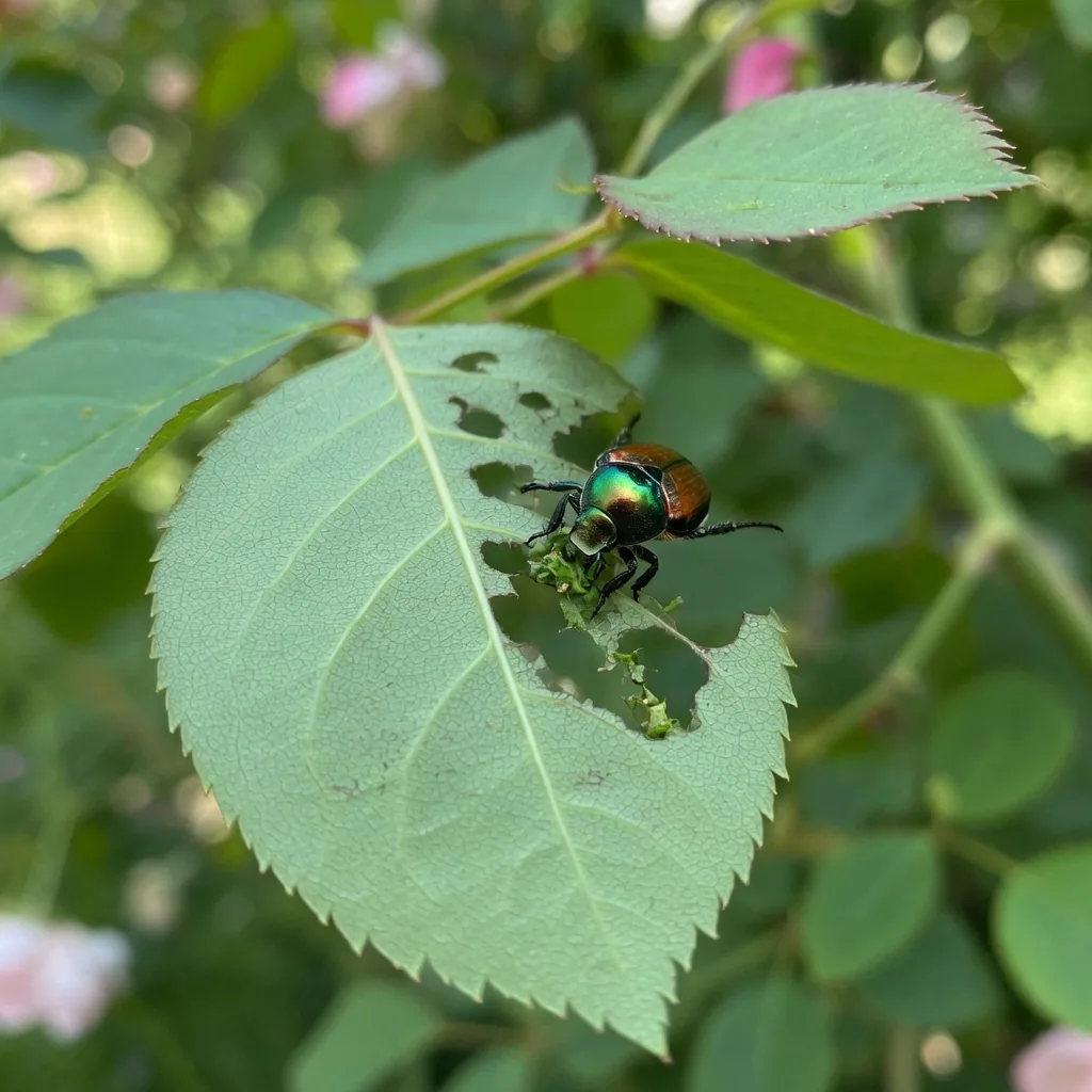 A Japanese beetle feeding on a rose leaf, leaving behind only the leaf veins, a pattern called skeletonizing