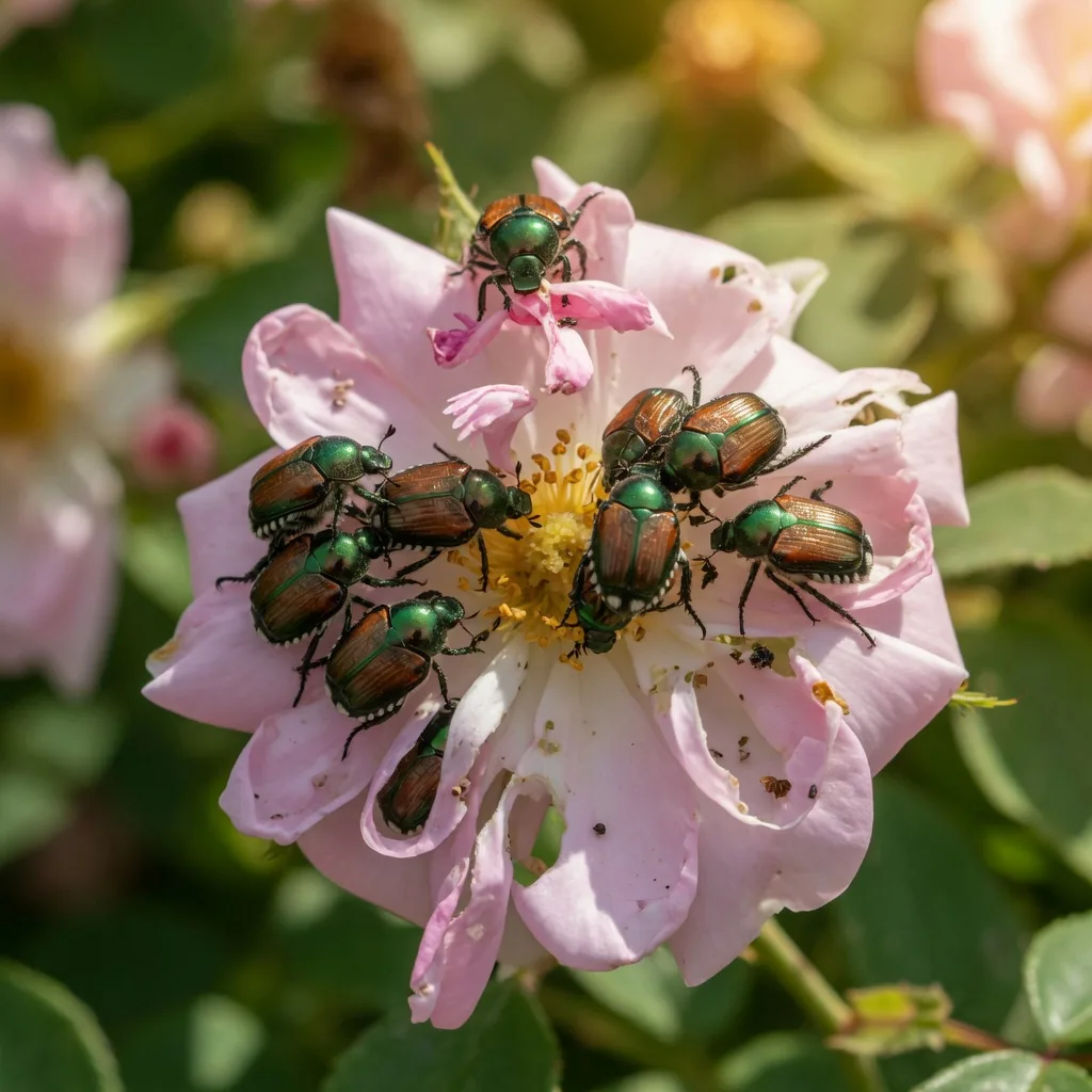 Several Japanese beetles clustered on a rose bloom, feeding together as a group