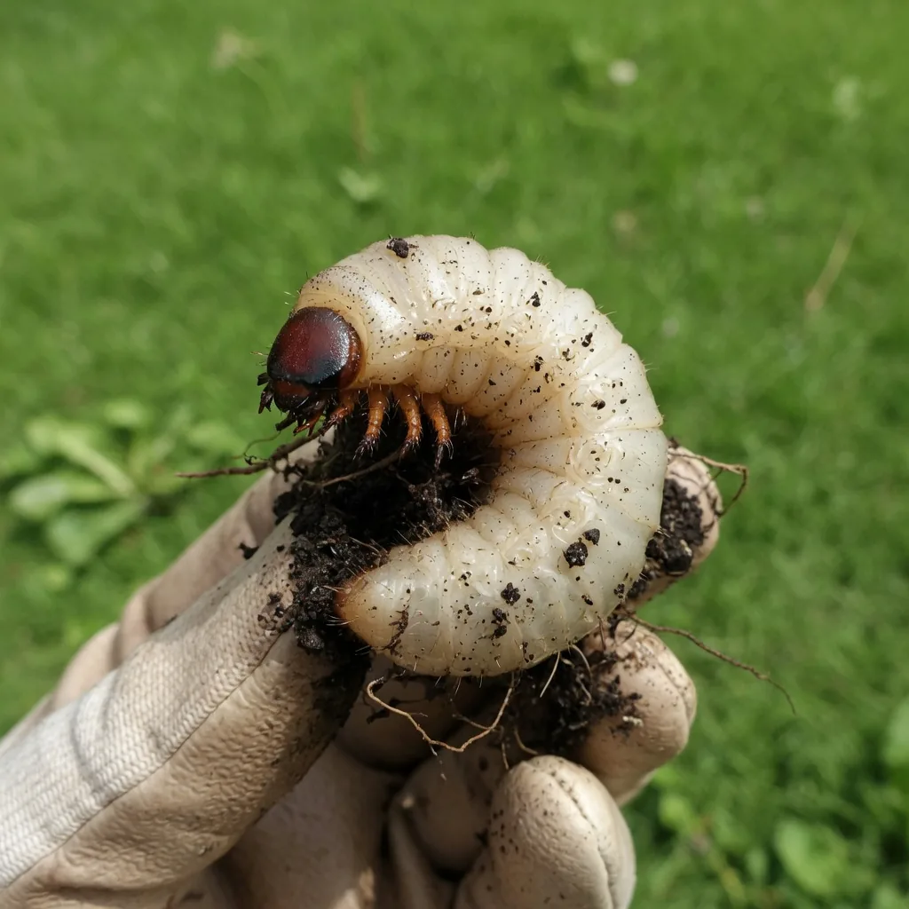 A plump white Japanese beetle grub (C-shaped larva) unearthed from garden soil