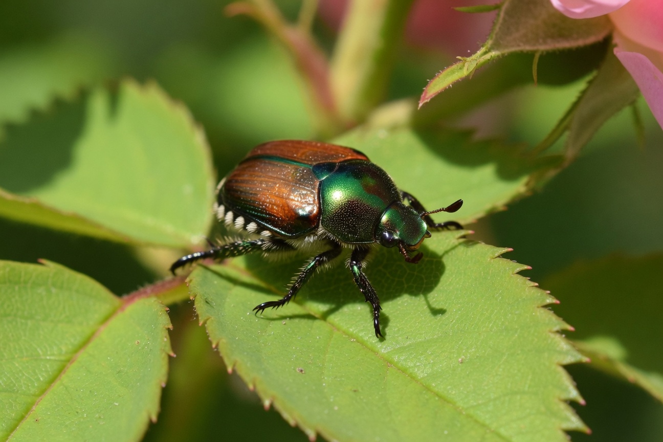 A Japanese beetle with a shiny green head, copper wings, and white tufts rests on a leaf.