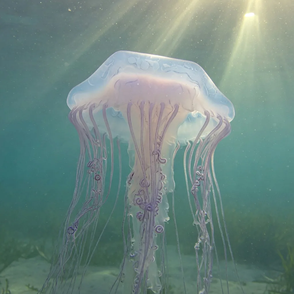 A box jellyfish (Chironex fleckeri, sea wasp) in clear coastal water off northern Australia, with its transparent cubic bell and four bundles of tentacles visible.