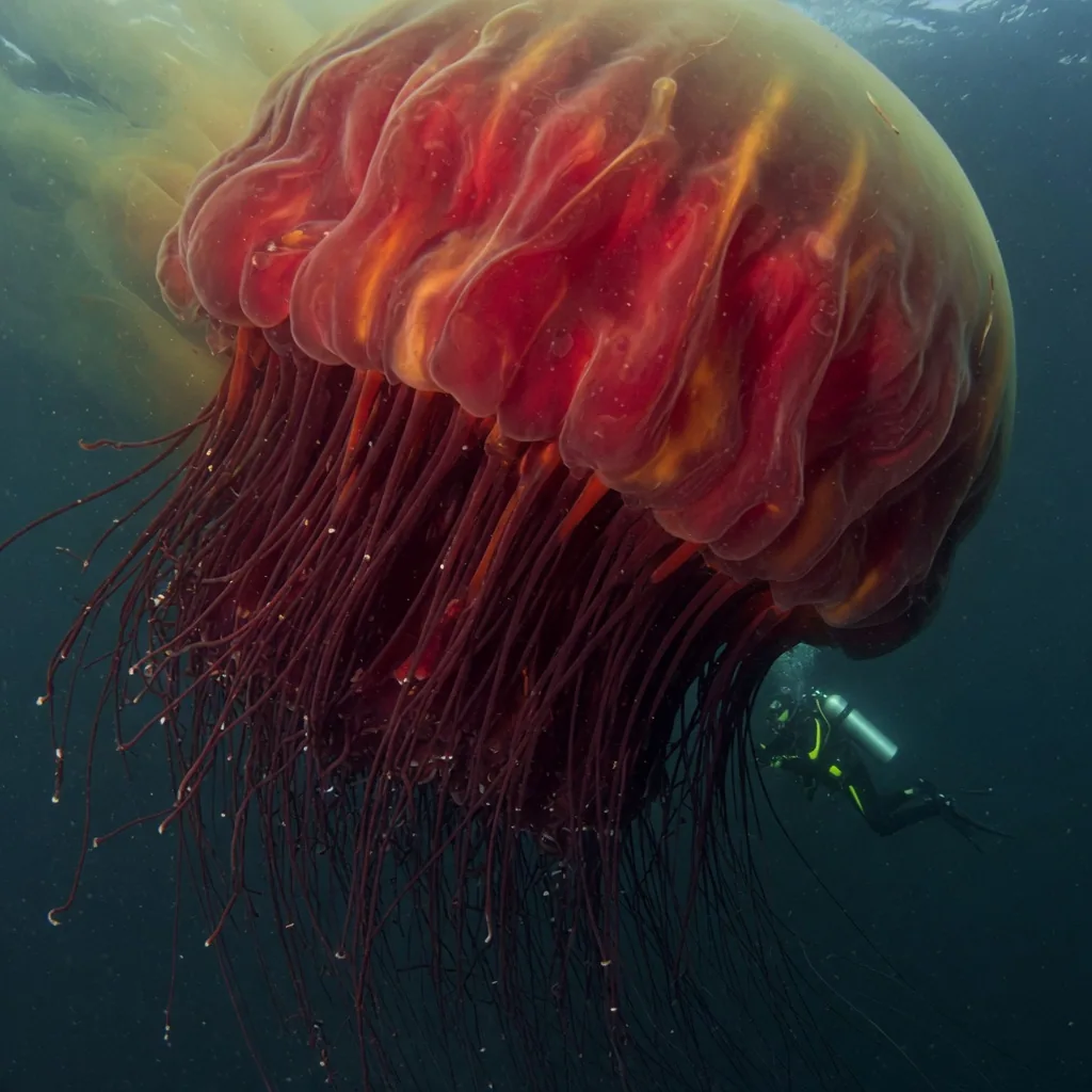 A lion's mane jellyfish (Cyanea capillata) with its massive crimson bell and long trailing tentacles in deep Arctic water.