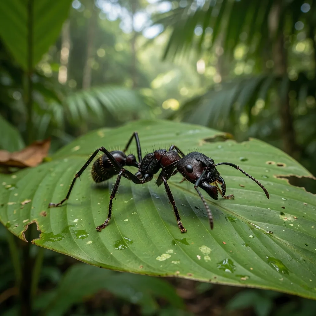 A bullet ant on a green tropical leaf, showing its large size and powerful mandibles